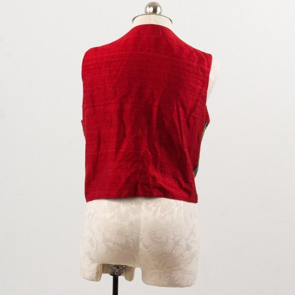 Vintage 70s M Silk Boho Beaded Vest Crop Top Red - Picture 3 of 11